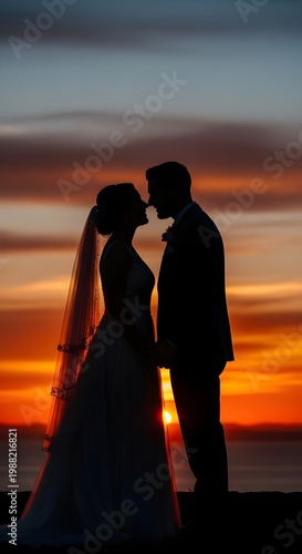 Romantic silhouette of a wedding couple at sunset with a golden sky background