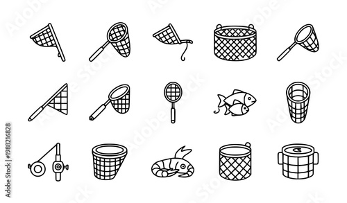 Fishing net line icons marine fishing equipment outline vector illustration set