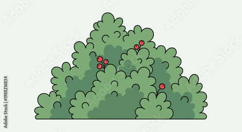 Green Bush with Red Berries, Simple Flat Illustration