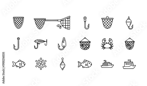 Fishing net outline icons marine fishing gear line vector set