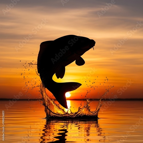 Large fish jumping out of water at sunset, silhouette with water splash.