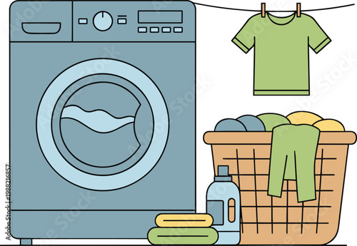 flat lay illustration of household chores and laundry day with washing machine and clothes basket
