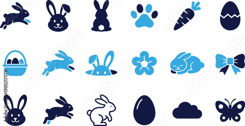 Assorted cute bunny rabbit and easter holiday icons in blue and dark blue colors.