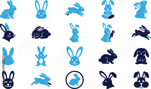 Cute blue bunny rabbit icons, diverse poses and expressions for spring holidays.