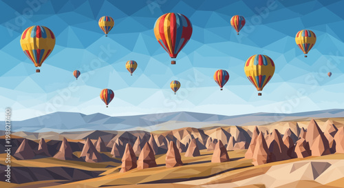 Low Poly Hot Air Balloons Flying Over Cappadocia Landscape