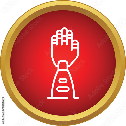 Robotic hand with wires and circuits inside a red circle with a golden border