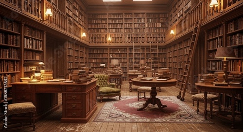 Vintage library interior with majestic wooden bookshelves, antique furniture, dark academia aesthetic, and cozy warm lighting.