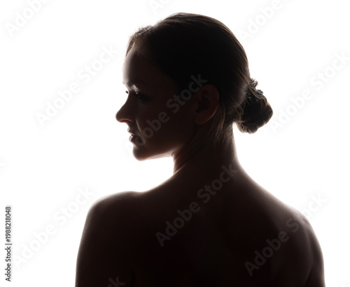 Silhouette of beautiful woman on white background, back view
