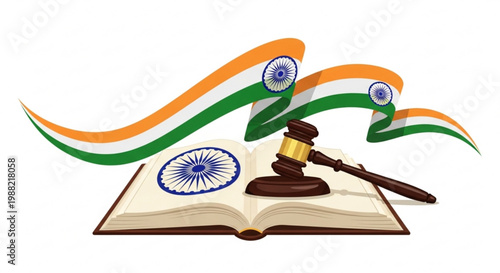 Indian law and justice concept open book with gavel and national flag ribbon symbol of legal system and constitution isolated on white