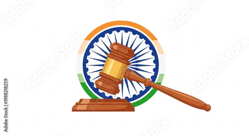 Wooden gavel and sound block in front of the Indian flag emblem representing justice and law in India isolated on white