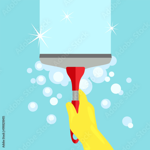 Hand in yellow glove cleaning window with red squeegee and soap bubbles. Sparkling glass cleaning service. Vector cartoon flat illustration.