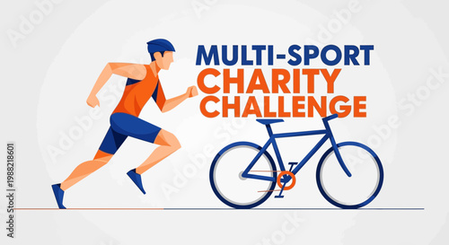 Exciting Multi-Sport Charity Challenge Illustration Showing Running, Cycling, and Giving