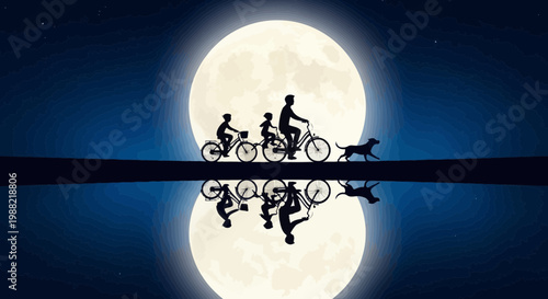 Family Bicycle Ride Under The Moonlight Shadow Reflected In The Water