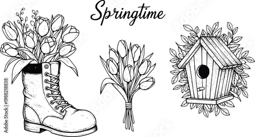 Springtime Vector Illustration with Tulips and Birdhouse