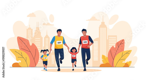 Family Running In Marathon, Showing Active Lifestyle, Participating Together In City