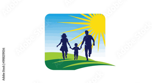 Family Running Together Towards Sunlight and Nature in a Joyful and Positive Vision