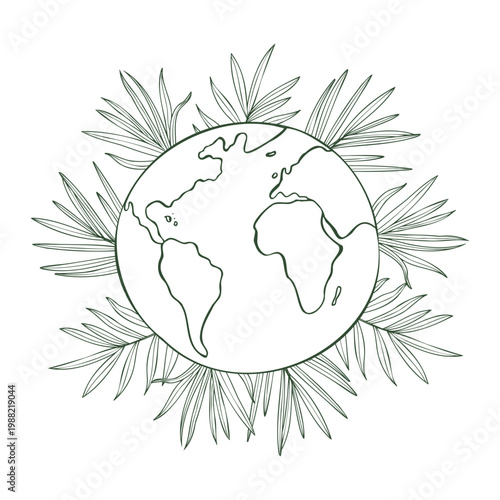 Earth globe sketch surrounded by tropical palm leaves vector monochrome line art. Hand drawn world map illustration. Concept of ecology, nature conservation, environment protection and sustainability
