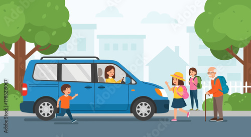 Family Trip Day: Children Waving Enthusiastically at a Van While Crossing the Road
