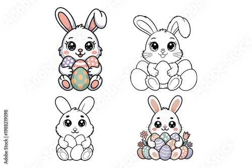 easter bunny set, Easter Egg Hunt Cartoon Icons Bundle, Adorable Bunny Holding Easter Eggs Illustration Pack.