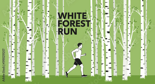 Forest Running Athlete Depicted in Minimalist Illustration Style with White Birch Trees
