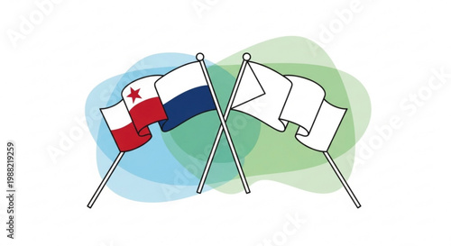 Flags of cuba and russia waving on flagpoles with white flags symbolizing international relations and diplomacy