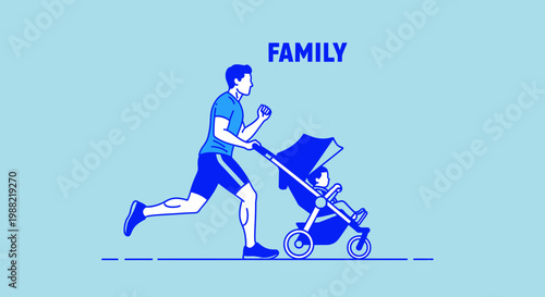 Father Pushing Stroller While Jogging With Child In an Active Family Lifestyle