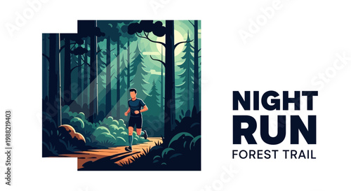 Forest Trail Running Illustration Depicting Evening Atmosphere with a lone Runner