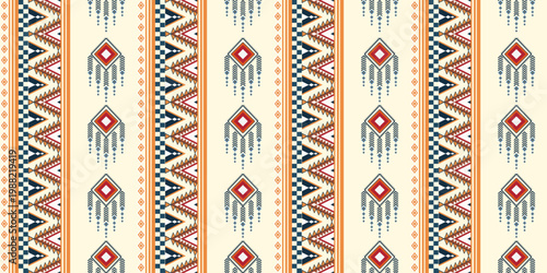 Vintage ethnic tribal vector art featuring a seamless geometric pattern with colorful textile ornaments for traditional fabric print and wallpaper design