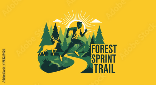 Forest Trail Running With Deer Artwork, Inspired Design and Vibrant Nature Theme