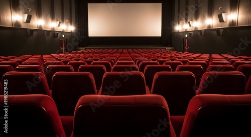 Empty Cinema Chairs in Movie Theater, Rows of Red Seats in Dark Auditorium, Film Industry Background, Entertainment Venue Interior with Copy Space