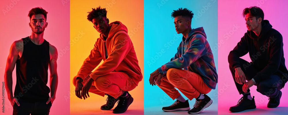 Naklejka premium Four men posing in bright studio with neon lights. They wear stylish street style clothes, like hoodies and tank tops. Diverse models show modern fashion trends and urban looks.