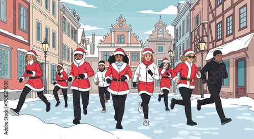 Festive Group Running Through Snowy Town, Celebrating Christmas Holiday with Joy