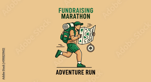 Fundraising Marathon Illustration Of Adventurer Runner With Backpack And Map Detailed