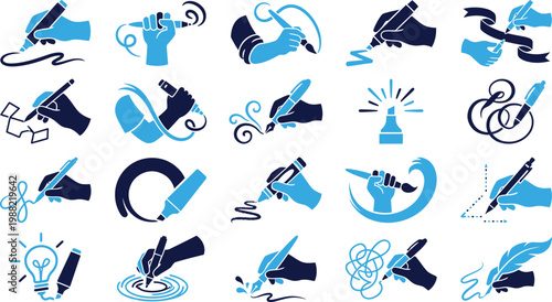 Collection of creative hands holding pens and drawing tools for artistic creation.