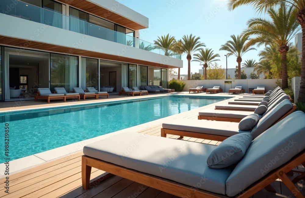Fototapeta premium Modern hotel with pool and outdoor sofas on sunny day. Tropical palms surround luxury vacation resort. People relax on chaise lounges by blue water.