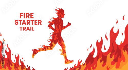 Fiery Figure Running Through Sizzling Flames on a White Background Vector Illustration
