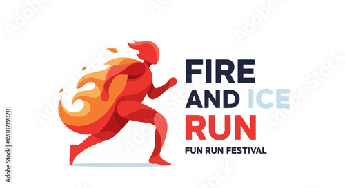 Fiery Figure Sprinting Towards Ice, Illustration for Fire and Ice Run Festival Event Design