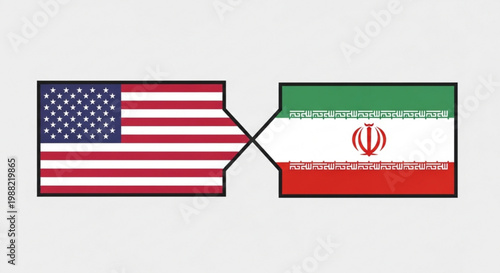 American and iranian flags connected by lines on white background symbolizing international relations