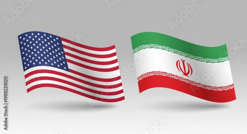 American and iranian flags waving side by side on gray background symbolizing international relations and diplomacy between usa and iran