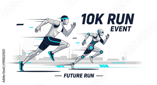 Futuristic 10K Run Event Featuring Human Runner Racing Against Advanced Robot Competitor