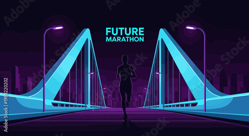Futuristic Marathon Runner Crossing Illuminated Urban Bridge for Healthy Living