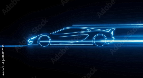 Futuristic Neon Sports Car Racing at High Speed with Glowing Lines on Black Background