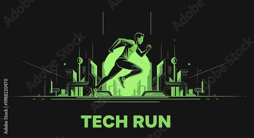 Futuristic Runner Sprinting Through a Modern Tech Cityscape, Illuminated in Green