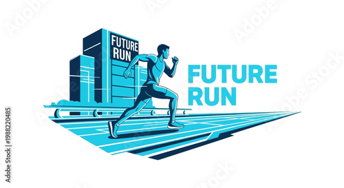 Futuristic Runner Sprinting In Front Of Modern City Buildings Towards Finish Line