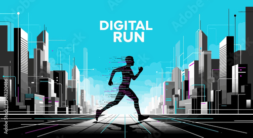 Futuristic Runner Speeding Through Digital Cityscape