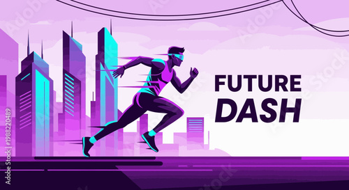 Futuristic Runner Sprinting Through Neon Cityscape Towards The Future, With Speed
