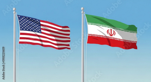American and iranian flags waving side by side against a clear blue sky symbolizing diplomacy and international relations