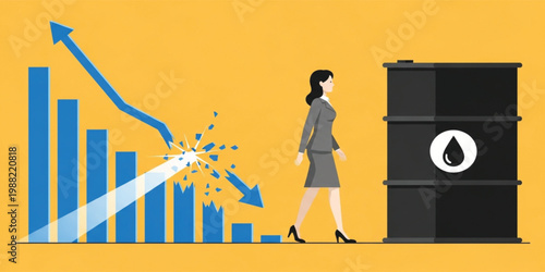 Falling Oil Price Concept with Businesswoman Walking to Barrel and Crashing Market Chart Economic Downtrend Vector Illustration