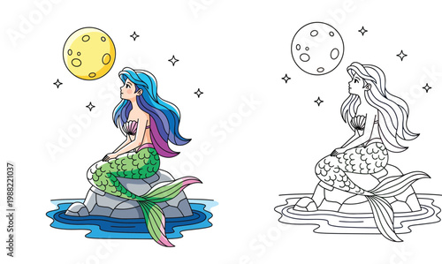 Cute fantasy mermaid sitting on a rock looking at the moon, featuring full color and black and white outline versions for kids coloring book page.