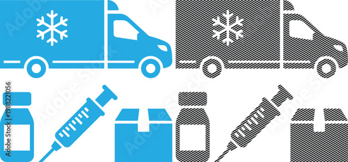 Medical supply logistics vector illustration with refrigerated truck and vaccination equipment.